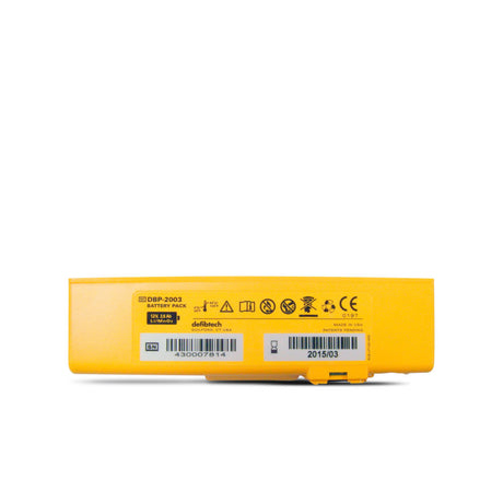 A yellow Defibtech Lifeline View standard battery pack for automated external defibrillators.
