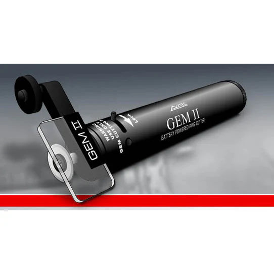 A black GEM II battery powered ring cutter kit with a finger guard unit and a battery cartridge visible.