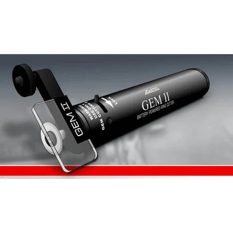 A black GEM II battery powered ring cutter kit with a finger guard unit and a battery cartridge visible.
