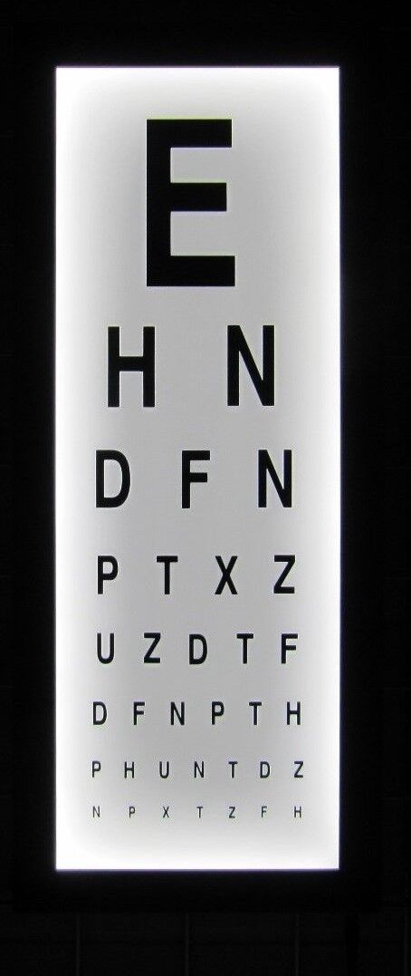 Illuminated wall-mounted eye test chart with LED lights, displaying a series of letters for vision testing.