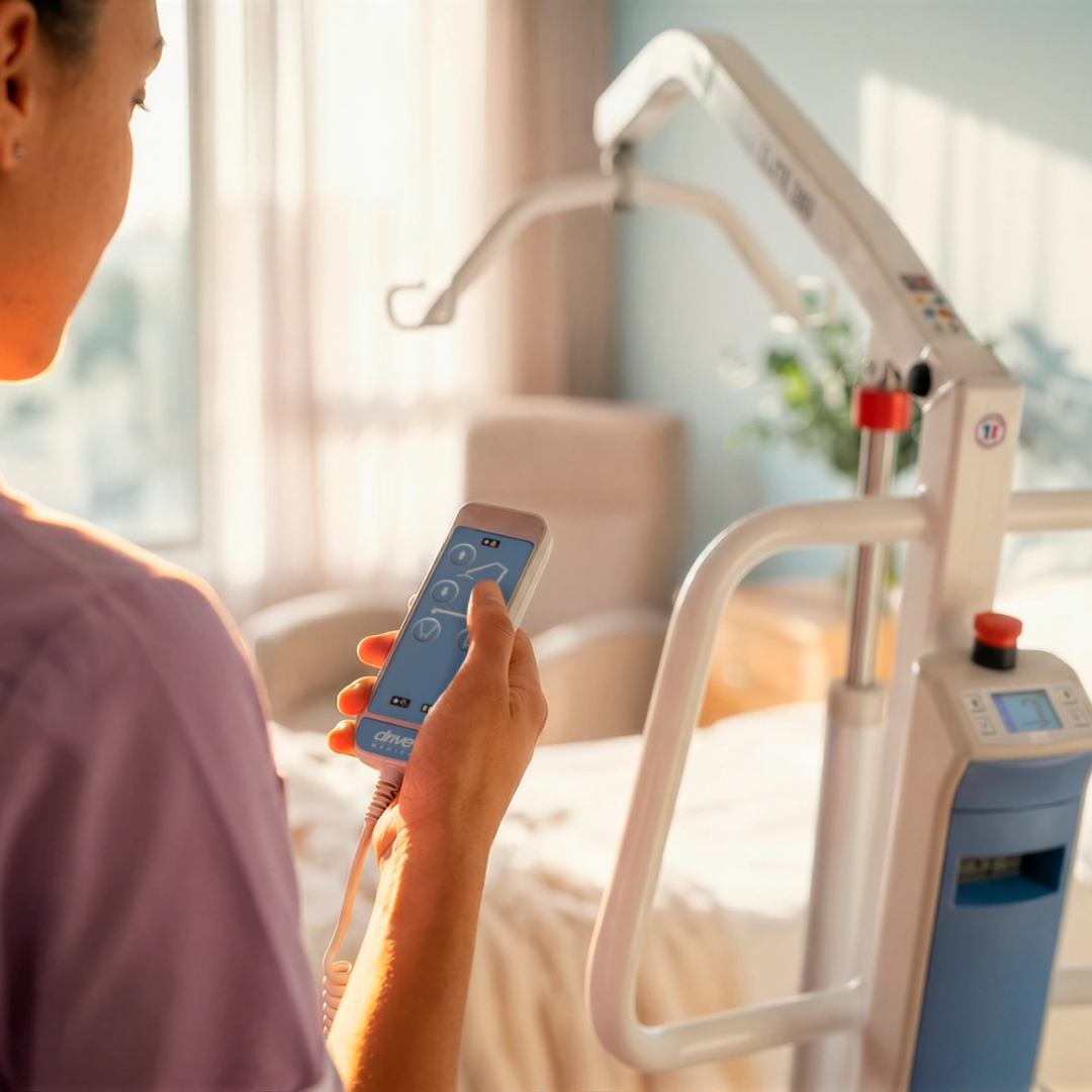 Person using a remote on the Samsoft elite 180 hoist. 