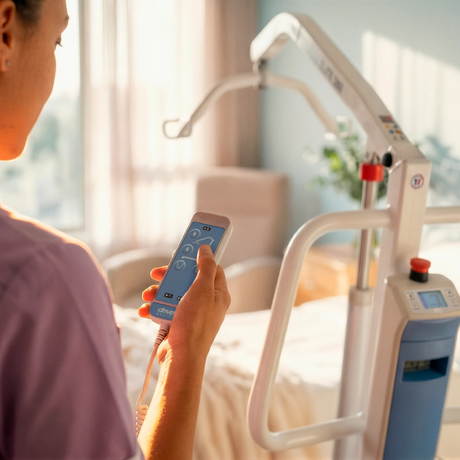 Person using a remote on the Samsoft elite 180 hoist. 