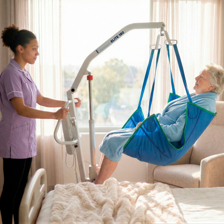 Nurse operating Samsoft 180 hoist on a patient in medical setting