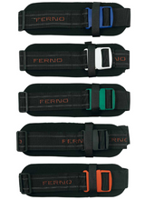 A set of 5 color-coded body straps designed for spinal injury rescue operations in water rescue scenarios, with the brand 'FERNO' printed on them.