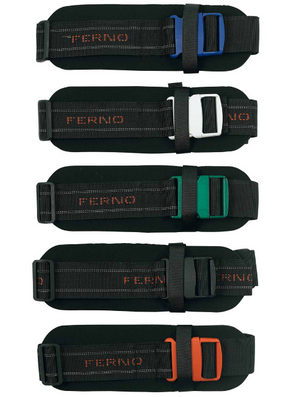A set of 5 color-coded body straps designed for spinal injury rescue operations in water rescue scenarios, with the brand 'FERNO' printed on them.