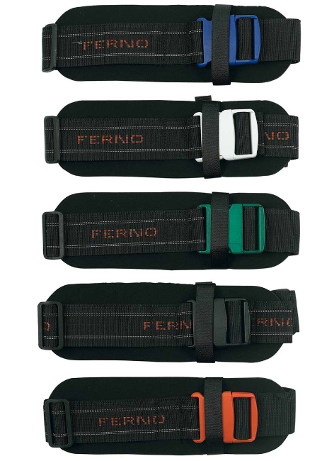 A set of 5 color-coded body straps designed for spinal injury rescue operations in water rescue scenarios, with the brand 'FERNO' printed on them.