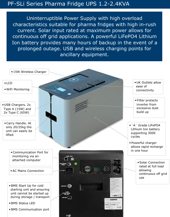 Vaccine Fridge  UPS- PF1200S-Li - specifications 