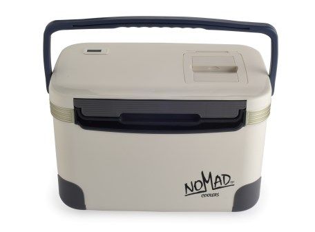 A beige Nomad Medical Cooler 28L with a black carrying handle and alarmed thermometer display on the top. The brand logo is printed on the front.