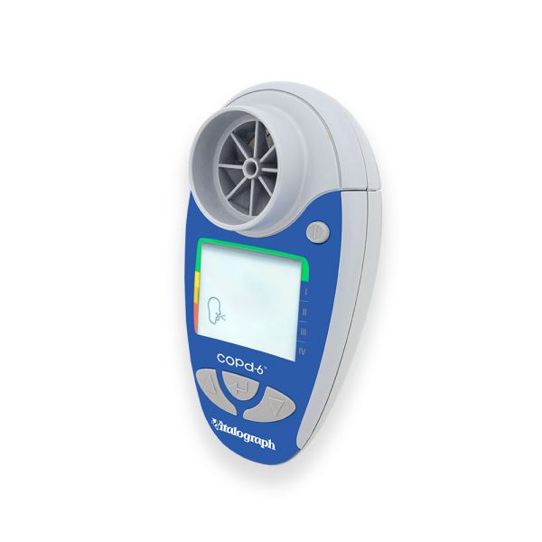 A Vitalograph copd-6 Respiratory Screener, a handheld device used for measuring respiratory function, predominantly blue with a white front panel and silver accents.