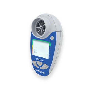 A Vitalograph copd-6 Respiratory Screener, a handheld device used for measuring respiratory function, predominantly blue with a white front panel and silver accents.