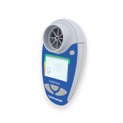 A Vitalograph copd-6 Respiratory Screener, a handheld device used for measuring respiratory function, predominantly blue with a white front panel and silver accents.