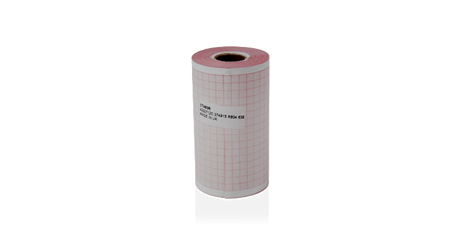 A roll of white ECG paper, thermosensitive for medical use, typically used in ECG machines.