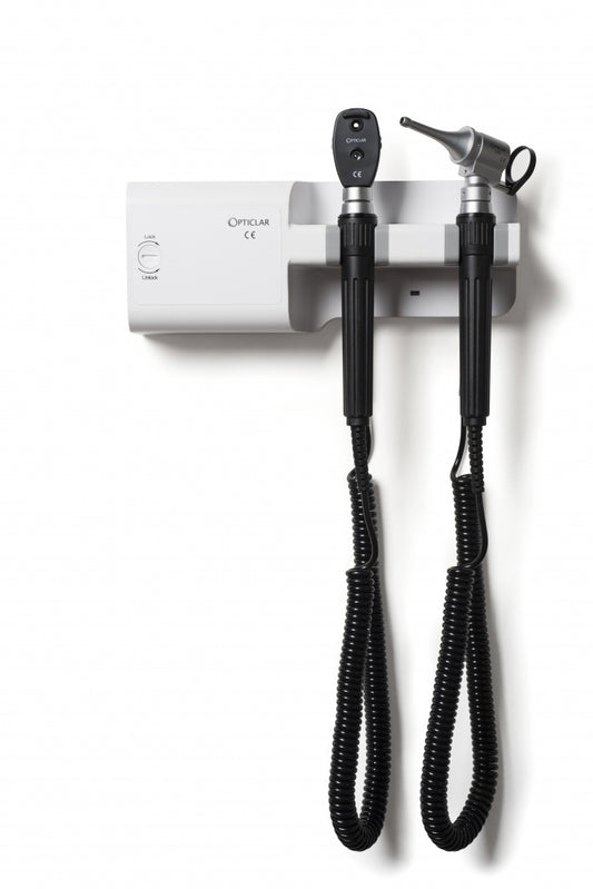 Opticlar - Standard Veterinary Diagnostic Set - Wall Mounted, Mains/ C cell with Stainless Steel Tip Tidy