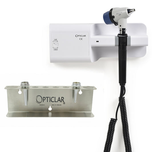 Opticlar - VarioScope Veterinary Otoscope Set Wall Mounted - Mains/ C Cell with Stainless Steel Tip Tidy