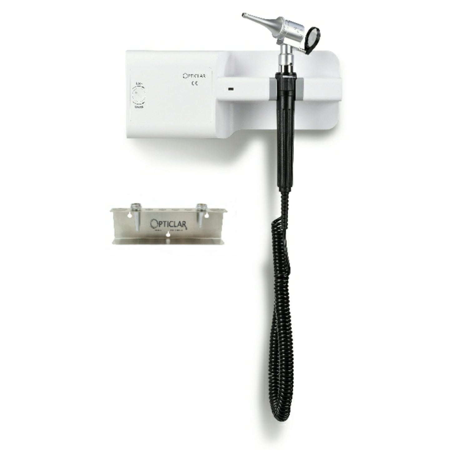 Opticlar - Veterinary Slit Otoscope Set - Wall Mounted, Mains/ C Cell, with Stainless Steel Tip Tidy