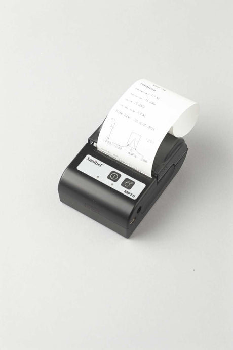 A black Amplivox PT02 Sanibel thermal printer with a piece of paper partially pulled out from the printing slot.