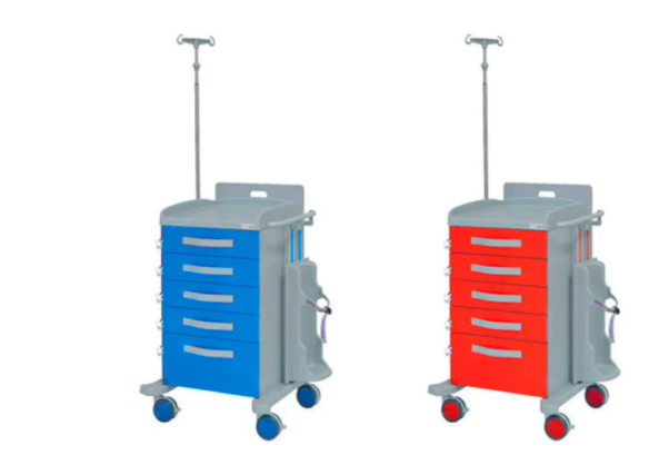 Emergency trolley 5 drawers, cardiac board, oxygen tank holder and IV stand support