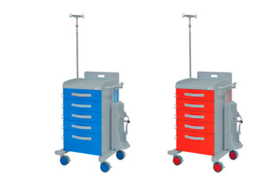 Emergency trolley 5 drawers, cardiac board, oxygen tank holder and IV stand support
