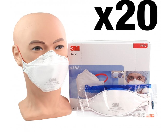 3M™ 1863+ Aura™ Disposable Healthcare Respirator, FFP3 +IIR - Box of 20