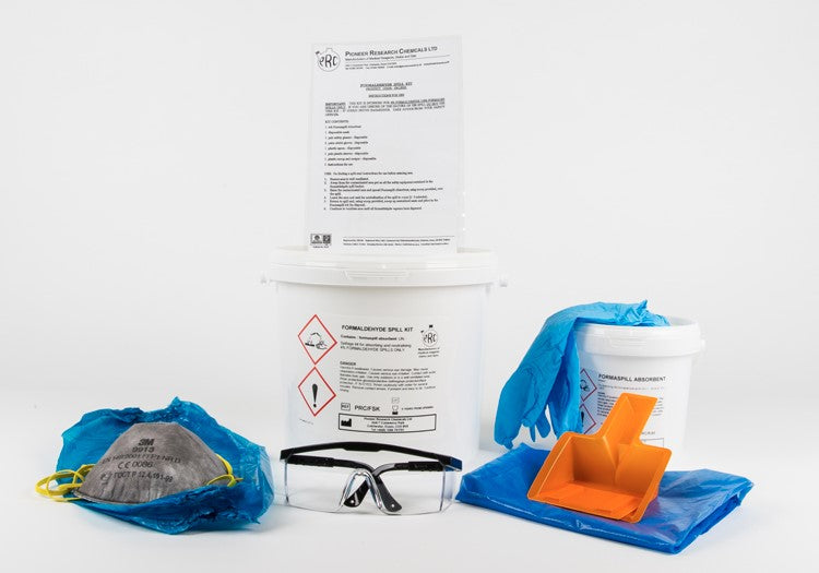 A spill kit for formaldehyde consisting of a tub of absorbent, disposable mask, safety glasses, gloves, apron, sleeves, a plastic scoop and scraper, and instructions.