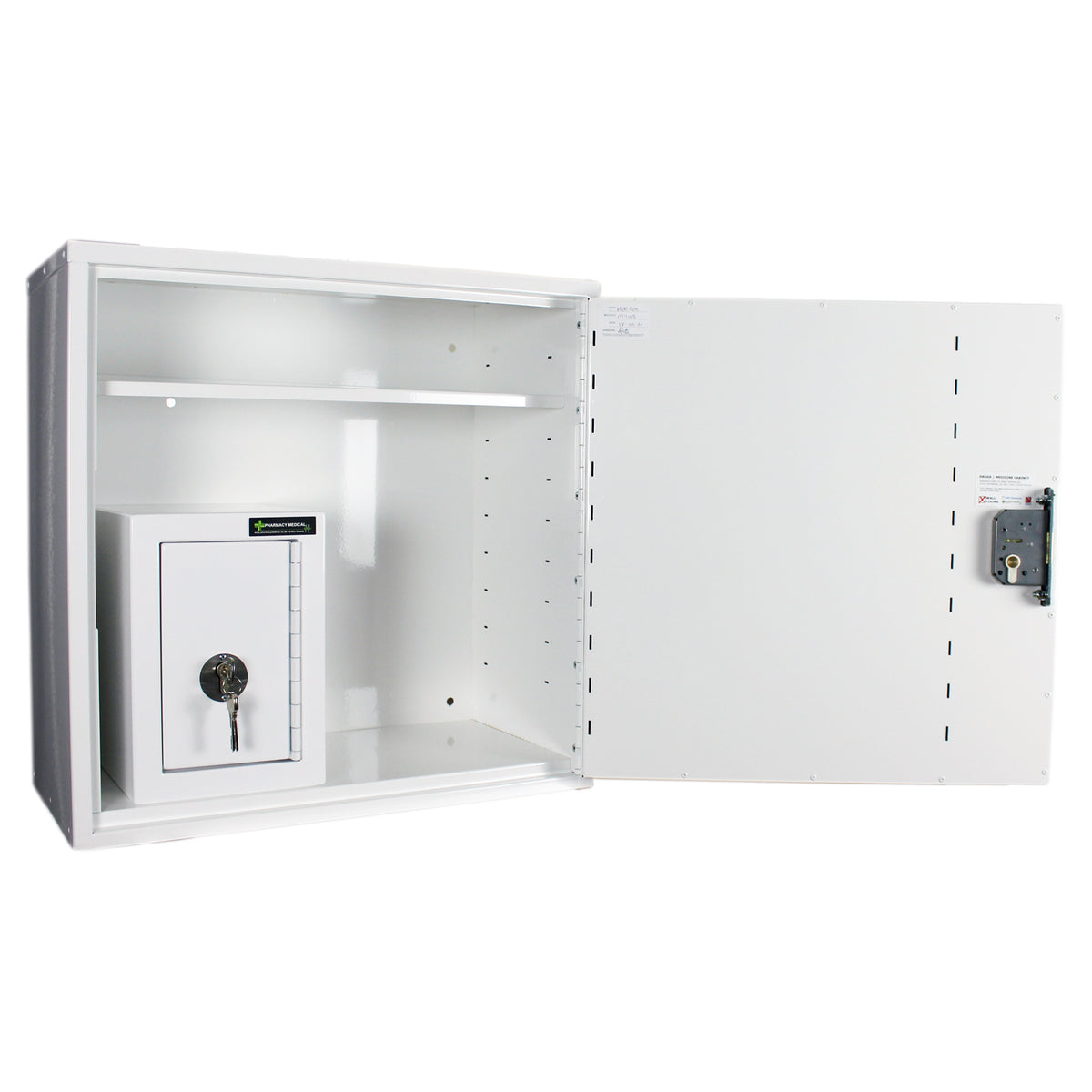  HECCMC200A MEDICINE / DRUGS CABINET 600 X 600 X 300mm | SINGLE DOOR, 2 FULL DEPTH SHELVES | R/H HINGE - with internal: CONTROLLED DRUGS CABINET S, M or L | 1 SHELF (Removable) | R/H HINGE - internal view 