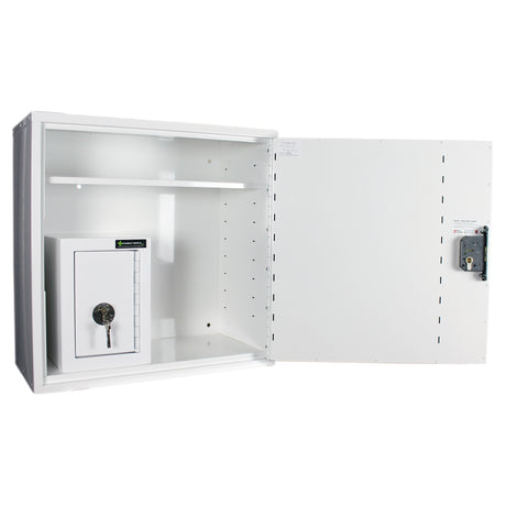 HECCMC200A MEDICINE / DRUGS CABINET 600 X 600 X 300mm | SINGLE DOOR, 2 FULL DEPTH SHELVES | R/H HINGE - with internal: CONTROLLED DRUGS CABINET S, M or L | 1 SHELF (Removable) | R/H HINGE - internal view 