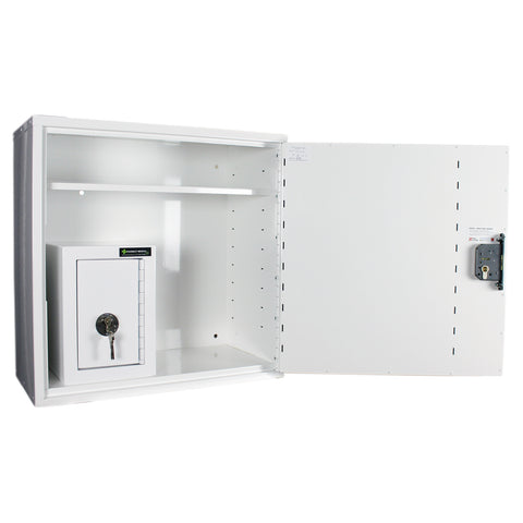  HECCMC200A MEDICINE / DRUGS CABINET 600 X 600 X 300mm | SINGLE DOOR, 2 FULL DEPTH SHELVES | R/H HINGE - with internal: CONTROLLED DRUGS CABINET S, M or L | 1 SHELF (Removable) | R/H HINGE - internal view 