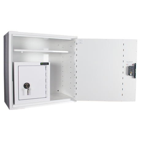  HECCMC200A MEDICINE / DRUGS CABINET 600 X 600 X 300mm | SINGLE DOOR, 2 FULL DEPTH SHELVES | R/H HINGE - with internal: CONTROLLED DRUGS CABINET S, M or L | 1 SHELF (Removable) | R/H HINGE