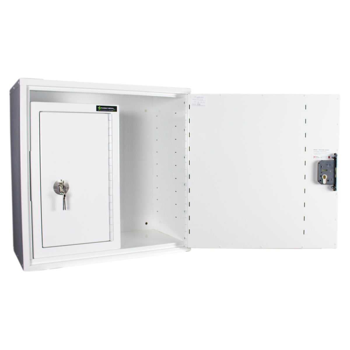 HECCMC200A MEDICINE / DRUGS CABINET 600 X 600 X 300mm | SINGLE DOOR, 2 FULL DEPTH SHELVES | R/H HINGE - with internal: CONTROLLED DRUGS CABINET S, M or L | 1 SHELF (Removable) | R/H HINGE