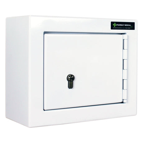A white controlled drugs cabinet with a single door and a lock cylinder on the front, featuring a shelf inside.