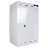 White controlled drugs cabinet with a key lock and two shelves, featuring a mortise deadlock bolt on the front.