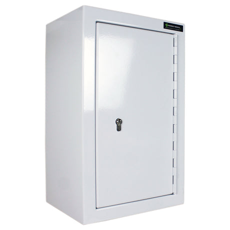 White controlled drugs cabinet with a key lock and two shelves, featuring a mortise deadlock bolt on the front.