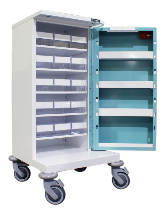 Pharmacy Medical - HECT515 15 TRAY ORIGINAL PACKAGING TROLLEY | CLEAR PLASTIC TRAYS | SINGLE DOOR / KEY LOCK / PUSH BUTTON KEY CODE