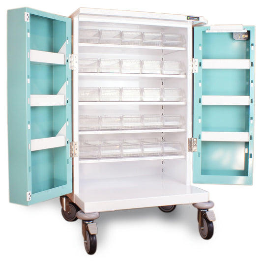 Pharmacy Medical - HECT650 25 TRAY ORIGINAL PACKAGING TROLLEY | CLEAR PLASTIC TRAYS | DOUBLE DOOR / KEY LOCK / PUSH BUTTON KEY CODE