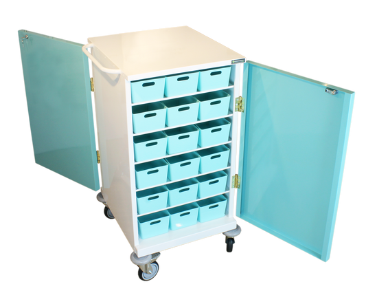 Pharmacy Medical - HECT660 36 TRAY ORIGINAL PACKAGING TROLLEY | 18 TEAL / 18 WHITE PLASTIC TRAYS | DOUBLE DOOR / CAM LOCK