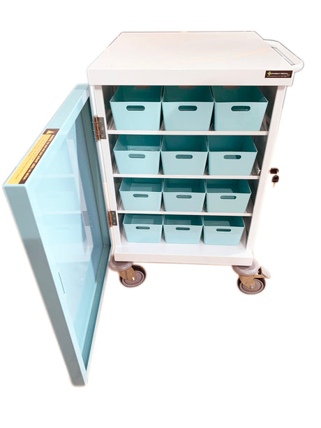 Pharmacy Medical - HECT665 24 TRAY ORIGINAL PACKAGING TROLLEY | 12 TEAL / 12 WHITE PLASTIC TRAYS | DOUBLE DOOR / CAM LOCK - internal view