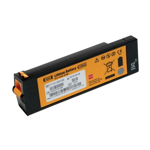 A Physio-Control Lifepak 1000 non-rechargeable lithium battery kit, predominantly black with orange detailing, including various labels and warnings.