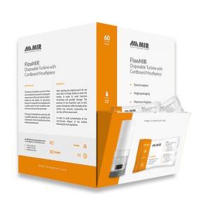Packaging for MIR - FlowMIR Disposable Turbine, featuring the product and its components including a cardboard mouthpiece. The packaging is primarily white and orange with text detailing product features.