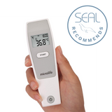 Microlife NC150 Infrared Non Touch Thermometer held in hand showing digital display with temperature reading.