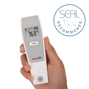 Microlife NC150 Infrared Non Touch Thermometer held in hand showing digital display with temperature reading.