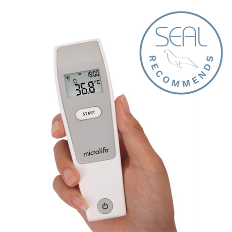 Microlife NC150 Infrared Non Touch Thermometer held in hand showing digital display with temperature reading.