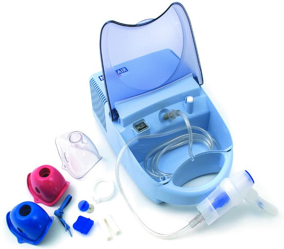 A nebulizer machine in blue color with various accessories including masks, chambers, filters, tubing, and mouthpieces.