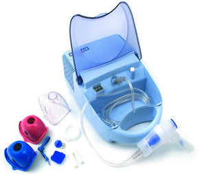 A nebulizer machine in blue color with various accessories including masks, chambers, filters, tubing, and mouthpieces.