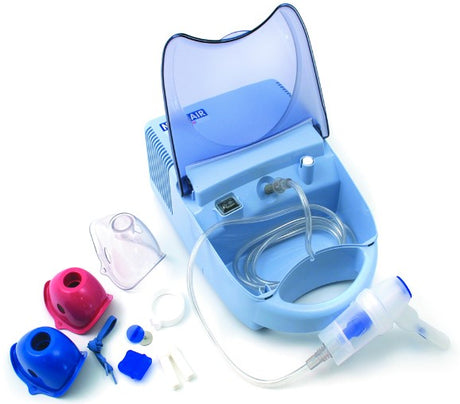 A nebulizer machine in blue color with various accessories including masks, chambers, filters, tubing, and mouthpieces.