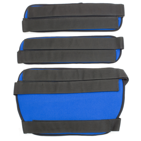 A set of three single leg harnesses with blue and black colors, designed for use with therapy tilt tables.