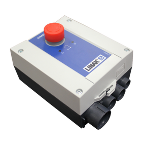 Battery control box with emergency cut-out, predominantly white with a red button and black connectors, labeled 'LINAK GB'.