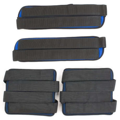 A set of four black and blue leg harnesses designed for use with a divided leg tilt table.