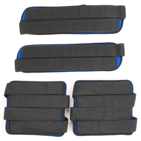 A set of four black and blue leg harnesses designed for use with a divided leg tilt table.