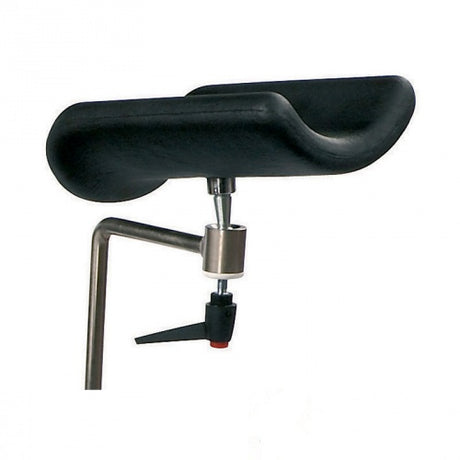 A black medical examination couch arm support with metal brackets and a red adjustment knob.