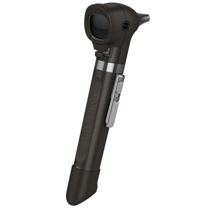 A black Welch Allyn Pocket Plus LED Otoscope with a dropside design and a circular LED light on top.